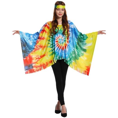 Dinntty Hippie-umhang-kostüm Für Damen, 60er-70er-jahre, Retro-hippie-umhang, Stirnband, Party-outfit-set, Hippie-kleider Für Party, Cosplay, Erwachsenenkostüme von Dinntty