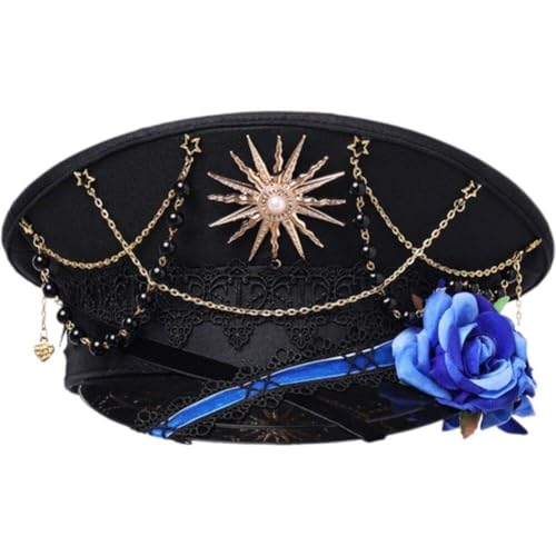 Dinntty Hut Lolita Damen Militärhut Rose Steampunk Yacht Partyhut Cop Halloween Cosplay Kostüm von Dinntty