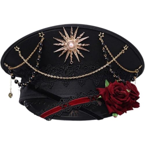 Dinntty Hut Lolita Damen Militärhut Rose Steampunk Yacht Partyhut Cop Halloween Cosplay Kostüm von Dinntty