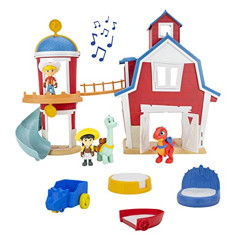 Dino Ranch DNR0031 Großes 30,5 cm Spielset mit Lichtern und Sound, mit Silo mit Rutsche, Brücke, ausziehbarem Raum, 2 Dino-Spielzeuge für Kinder, Ihre bevorzugten vorwestlichen Ranchers, Clubhaus von Dino Ranch