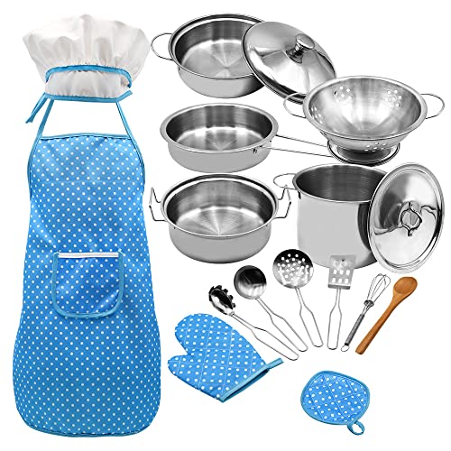 und Backset für , 18-teilig, -Rollenspielset mit Kochmütze, Schürze, Ofenhandschuh, Pfanne, Suppentopf, Löffel, Schaufel, Küchenutensilien für Mädchen und (blau) von Dioche