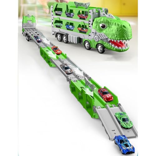 Dinosaurier LKW Spielzeug für 2 3 4 5 6 7 Jahre Alter Junge 12 Rennwagen, Dinosaurier Transport Truck Auto Spielzeug mit Faltbarer Strecke und 2 Spieler Rennmodus, Tragbarer Auto Transporter von Dioeazh