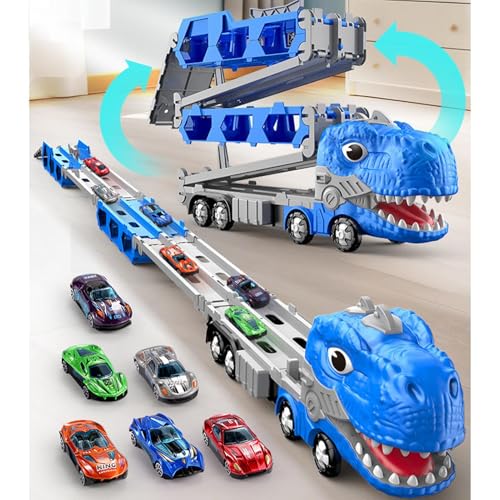 Dinosaurier LKW Spielzeug für 2 3 4 5 6 7 Jahre Alter Junge 12 Rennwagen, Dinosaurier Transport Truck Auto Spielzeug mit Faltbarer Strecke und 2 Spieler Rennmodus, Tragbarer Auto Transporter von Dioeazh