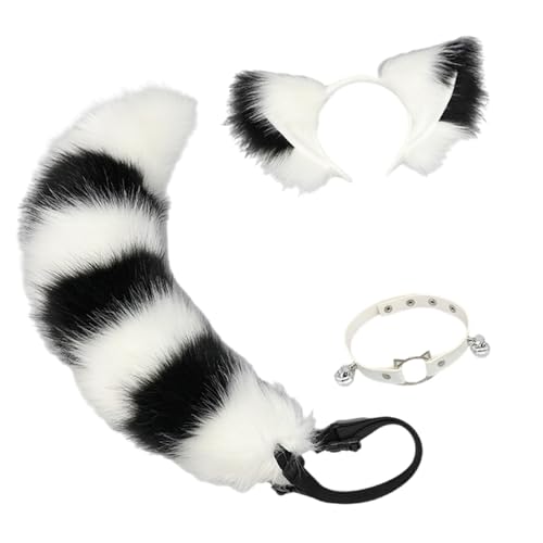 Diogeynu Fuchs-Ohren-Haarband, Fuchs-Schwanz, verstellbarer Gürtel, Glocken, Halsband, Plüsch-Tierschwanz, Dekorationen für Halloween, Party, Karneval von Diogeynu