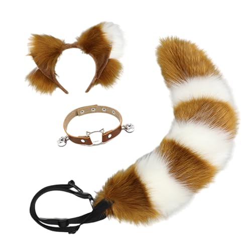 Diogeynu Fuchs-Ohren-Haarband, Fuchs-Schwanz, verstellbarer Gürtel, Glocken, Halsband, Plüsch-Tierschwanz, Dekorationen für Halloween, Party, Karneval von Diogeynu