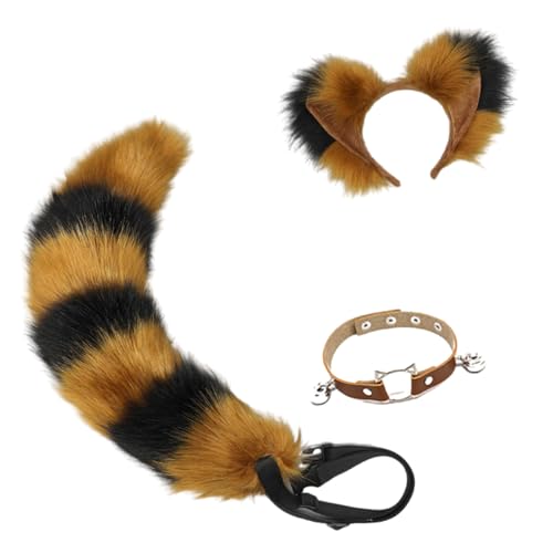 Diogeynu Fuchs-Ohren-Haarband, Fuchs-Schwanz, verstellbarer Gürtel, Glocken, Halsband, Plüsch-Tierschwanz, Dekorationen für Halloween, Party, Karneval von Diogeynu