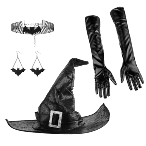 Diogeynu Hexenkostüm für Damen, gerüschter Zaubererhut, Ohrringe, lange Handschuhe, Choker, Halloween, Glocke, Hut, Erwachsene, Urlaub, Cosplay, Partyanzug von Diogeynu