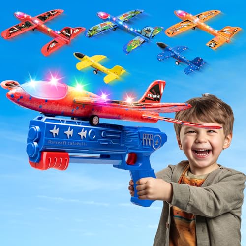 Dioju 5 Pack Flugzeug Spielzeug Flugzeugbausätze, LED Styroporflieger DIY-Sticker Interaktive Styropor Flugzeuge für Kinder Spielzeug ab 3 4 5 6 7 8 9 10 11 12 Jahre Jungen Mädchen Kinder Geschenke von Dioju