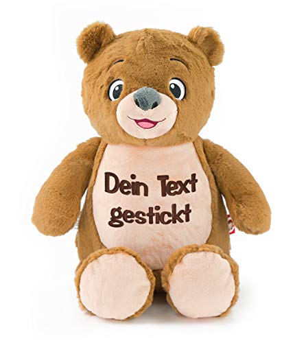 Teddybär mit Namen und Geburtsdatum Bestickt, Teddy Hellbraun Plüschtier Kuscheltier personalisiert 30cm, Geschenk personalisierbar mit Stickerei von Direkt-Stick.de