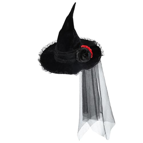 Dirfuny Halloween Hexenhut Schwarzer Hexenschleier und Blumen Stirnband Hut Kostüm Zubehör für Frauen Halloween Party von Dirfuny