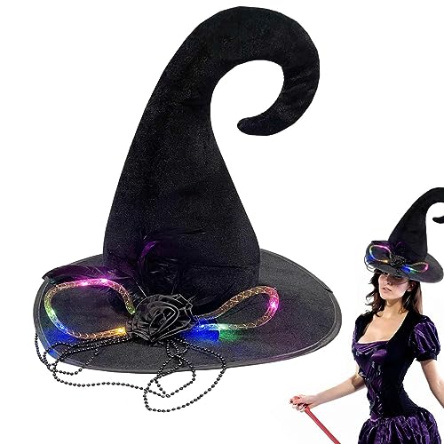 Dirfuny Halloween Leuchtender Hexenhut mit Feder Dekor Schwarz Frauen Kostüm Cosplay Zubehör von Dirfuny