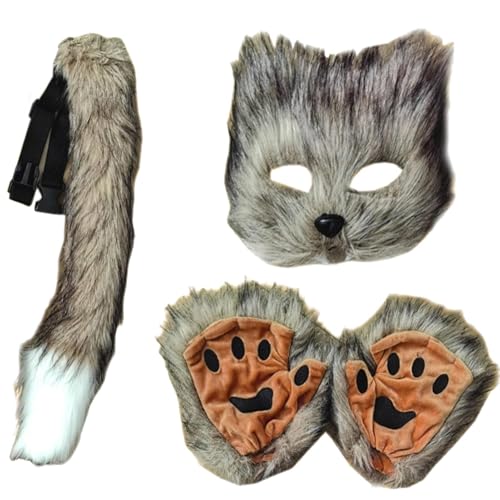 Dirfuny Masken und Schwanz Set für Mädchen Halloween Katzenmasken Schwanz Cosplay Füchse Masken Wolfsschwanz von Dirfuny