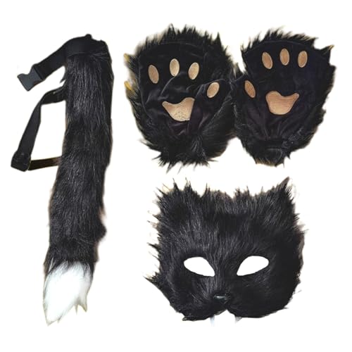 Dirfuny Masken und Schwanz Set für Mädchen Halloween Katzenmasken Schwanz Cosplay Füchse Masken Wolfsschwanz von Dirfuny