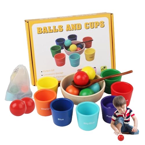 Großer Ball in Tasse, tragbare, sichere Naturholz-Aktivitätswürfel – frühes Entwicklungsspiel mit 7 Bällen und 7 Bechern, multifunktionales Matching-Spiel für Kinder von Dirfuny