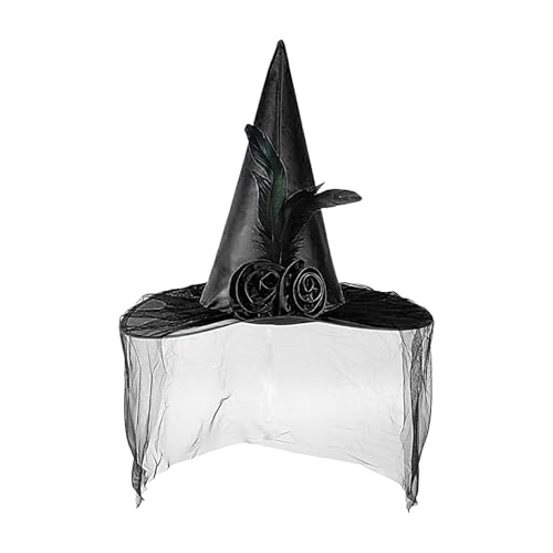 Halloween-Hexenhut, Cosplay-Hut, Zauberer-Kostüm, spitzer Hut mit Halbschleier, Hüte, Foto-Requisiten, Federrose, Zaubererhut für Damen, Teenager, Mädchen von Dirfuny