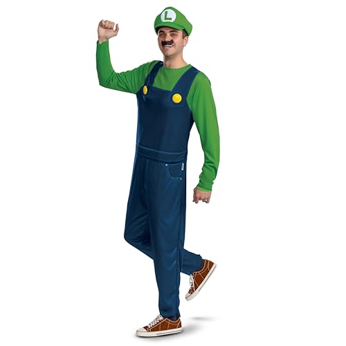 Disguise Luigi Erwachsenenkostüm, offizielles Super Mario Bro Elevated Classic Erwachsenenkostüm, Größe Erwachsene L/XL von Disguise