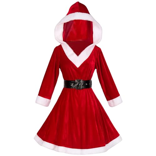 Disnadda Frau Weihnachtsmann Kostüm Frauen Halb Langarm Kleid Weihnachten Tunika Uniform mit Ledergürtel Weihnachten Kapuzenkleid Cosplay Kostüme Erwachsene Kostüm Outfit für Umhang mit Kapuze Xmas von Disnadda