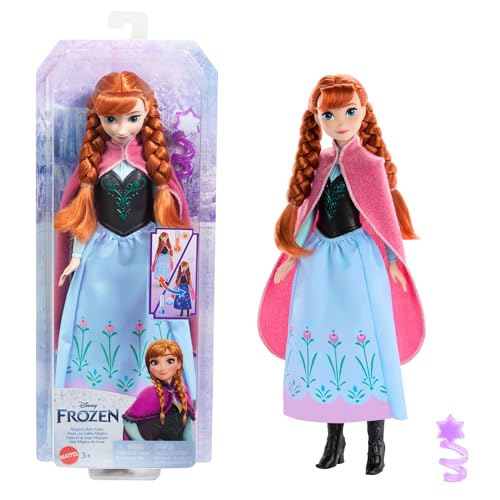 Mattel DISNEY Frozen Die Eiskönigin Anna Puppe - magischer Rock mit Farbwechseleffekt aktivierbar mit Schneeflockenzauberstab und Wasser, inklusive Haarbürste, für Kinder ab 3 Jahren, HTG24 von Mattel