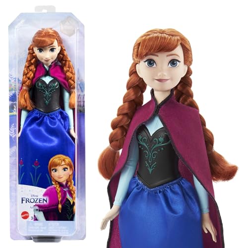 Mattel Disney Prinzessin Anna Puppe, Die Eiskönigin Puppe, kämmbare Haare, beweglich, im Reiseoutfit, abnehmbarer Umhang, Disney Geschenke, Spielzeug ab 3 Jahre, HLW49 von Mattel