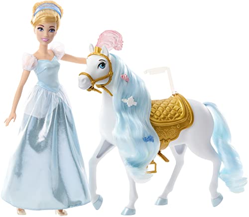 DISNEY Cinderella - Gesattelt und bereit für den Ball, bewegliche Knie und Styling-Zubehör für Pferdemähne und Schweif, für Kinder ab 3 Jahren, HPF95 von Mattel