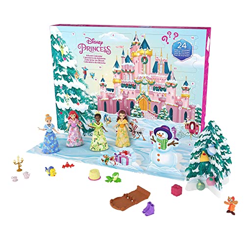 DISNEY Princess Adventskalender - 24 Türchen mit Geschenken rund um beliebte Filmfiguren wie Tiana, Cinderella und Belle, inklusive 4 kleinen Prinzessinnenpuppen, HLX06 von Mattel