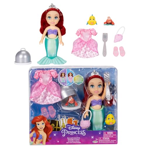 Disney Princess Ariel Doll Sea to Land Petite Ariel Doll mit Sebastian und Flunder in Meerjungfrauenschwanz und rosa Kleid von Disney Princess