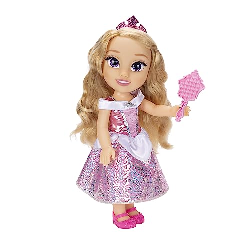 Disney Princess Aurora Puppe 35cm, reflektierende Glitzeraugen, bewegliche Gelenke, ausziehbares Kleid, Schuhe, Krone, langes Blondes Haar, für Mädchen ab 3 Jahren von Disney Princess