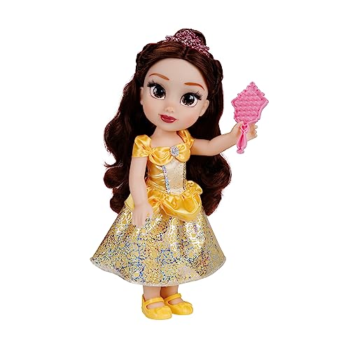 Disney Princess Belle Puppe 35cm, reflektierende Glitzeraugen, bewegliche Gelenke, ausziehbares Kleid, Schuhe, Krone, langes braunes Haar, für Mädchen ab 3 Jahren von Disney Princess