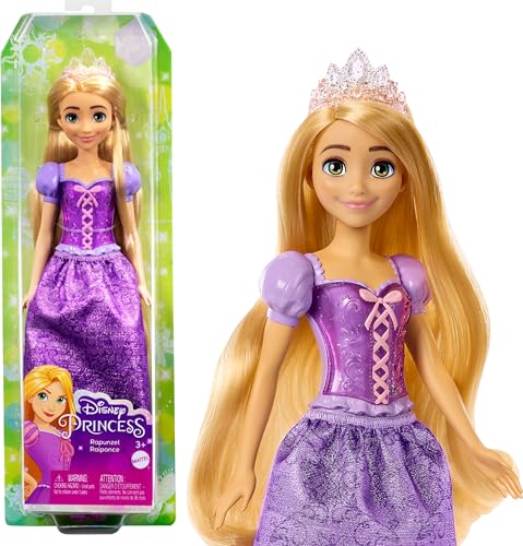 Mattel Disney Prinzessin Rapunzel Puppe, lange Haare zum Frisieren, beweglich, abnehmbare Schuhe und Diadem, Disney Geschenke, Spielzeug ab 3 Jahre, HLW03 von Mattel