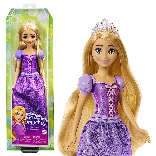 Mattel Disney Prinzessin Rapunzel Puppe, lange Haare zum Frisieren, beweglich, abnehmbare Schuhe und Diadem, Disney Geschenke, Spielzeug ab 3 Jahre, HLW03 von Mattel