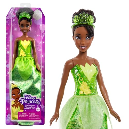 DISNEY Prinzessin Tiana - Bewegliche Puppe mit glitzerndem Outfit und Accessoires, inspiriert vom Film Küss den Frosch, für Kinder ab 3 Jahren, HLW04 von Mattel