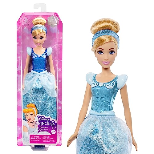 Mattel DISNEY Prinzessin Cinderella - Bewegliche Puppe mit glitzerndem Outfit, abnehmbaren Schuhen und Diadem, kämmbares Haar für Frisierspaß, für Kinder ab 3 Jahren, HLW06 von Mattel