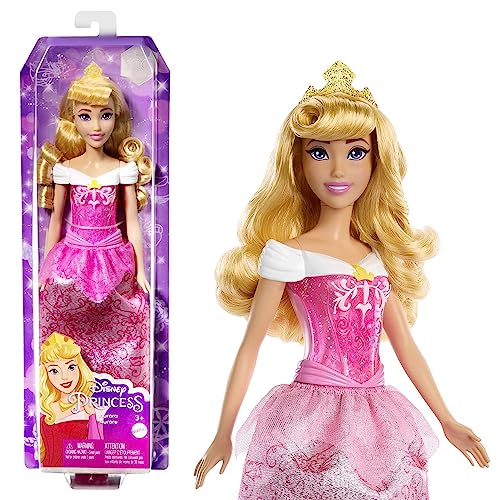 Mattel DISNEY Prinzessin Aurora - Puppe mit typischem Outfit, abnehmbaren Schuhen und Diadem, glitzerndes Oberteil und abnehmbarer Rock mit Muster, lange Haare zum Frisieren, HLW09 von Mattel