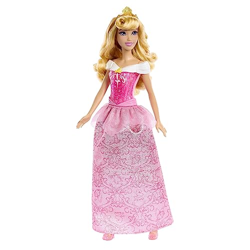 Mattel DISNEY Prinzessin Aurora - Puppe mit typischem Outfit, abnehmbaren Schuhen und Diadem, glitzerndes Oberteil und abnehmbarer Rock mit Muster, lange Haare zum Frisieren, HLW09 von Mattel