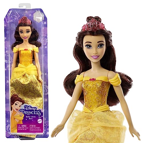 Disney Prinzessin-Spielzeug, bewegliche Belle-Modepuppe mit glitzernder Kleidung und Accessoires, inspiriert vom Disney-Film, Geschenk für Kinder, HLW11 von Mattel