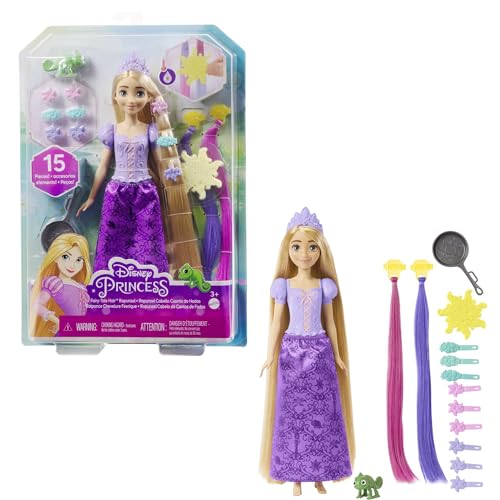 Disney Prinzessin-Spielzeug, Rapunzel-Puppe mit Haarverlängerungen mit Farbwechseleffekt und Hair-Styling-Zubehör, inspiriert vom Disney-Film von Mattel