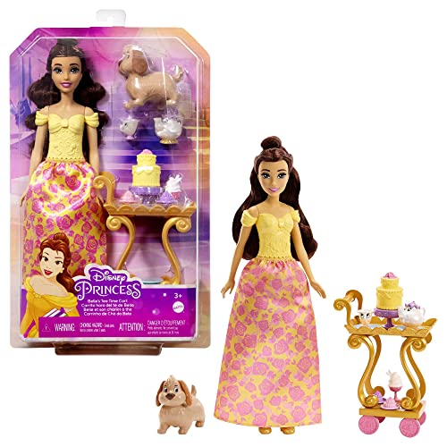 Mattel DISNEY Princess Belles Teewagen - Puppe, Freundefiguren, Zubehör, rollender Teewagen, 2 Ebenen, Stufentorte, geblümtes Kleid, lange Haare, für Kinder ab 3 Jahren, HLW20 von Disney Princess