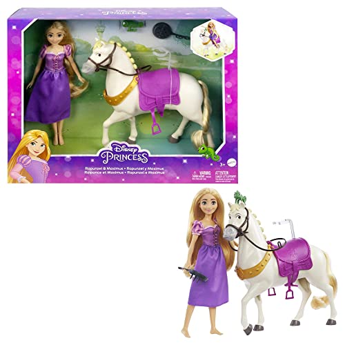 Mattel DISNEY PRINZESSIN Rapunzel & Maximus - Puppe und Pferd mit abnehmbarem Sattel und Zügeln, inklusive Pascal-Figur und Bratpfannen-Bürste für Frisuren-Spaß, HLW23 von Mattel