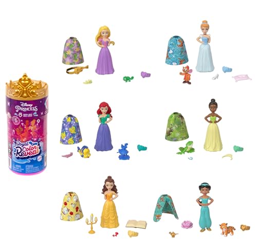 Disney Prinzessin-Spielzeug, Royal Color Reveal-Puppe mit 6 Überraschungen zum Auspacken, Freundschaft-Serie mit einer Figur eines Freundes, von den Disney-Filmen inspiriert von Mattel