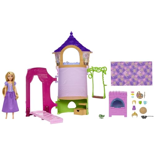 Disney Princess HMV99 - bewegliche Rapunzel-Puppe und Turm Spielset mit rundum Spielspaß, 6 Spielbereiche und 15 Zubehörteile, inspiriert durch den Disney-Film, Puppen Spielzeug ab 3 Jahren von Mattel