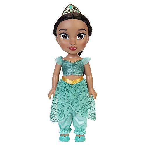 Disney Princess Jasmin Puppe 35cm, reflektierende Glitzeraugen, bewegliche Gelenke, ausziehbares Outfit, Schuhe, Krone, langes geflochtenes Haar, für Mädchen ab 3 Jahren von Disney Princess