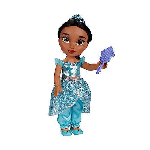 Disney Princess Jasmin Puppe 35cm, reflektierende Glitzeraugen, bewegliche Gelenke, ausziehbares Outfit, Schuhe, Krone, langes geflochtenes Haar, für Mädchen ab 3 Jahren von Disney Princess