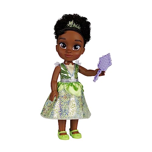 Disney Princess Tiana Puppe 35cm, reflektierende Glitzeraugen, bewegliche Gelenke, ausziehbares Outfit, Schuhe, Krone, schwarzes hochgestecktes Haar, für Mädchen ab 3 Jahren von Disney Princess