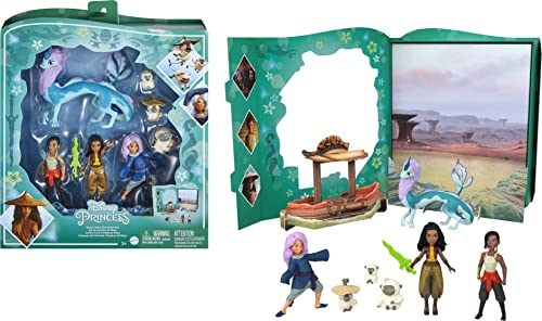 DISNEY Prinzessin Raya Geschichtenset - 7 Figuren, Raya, Sisu, Namaari, Ongi, doppelseitiger Hintergrund, ausziehbare Hose, Schwert, für Kinder ab 3 Jahren, HLX24 von Mattel