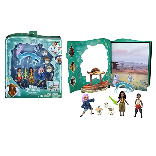 DISNEY Prinzessin Raya Geschichtenset - 7 Figuren, Raya, Sisu, Namaari, Ongi, doppelseitiger Hintergrund, ausziehbare Hose, Schwert, für Kinder ab 3 Jahren, HLX24 von Mattel