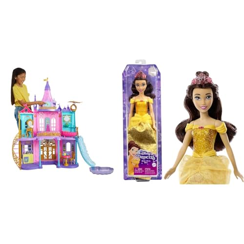 Mattel Disney Prinzessin Puppenhaus, Magisches Schloss, 3 Etagen & Prinzessin-Spielzeug, bewegliche Belle-Modepuppe von Disney Princess