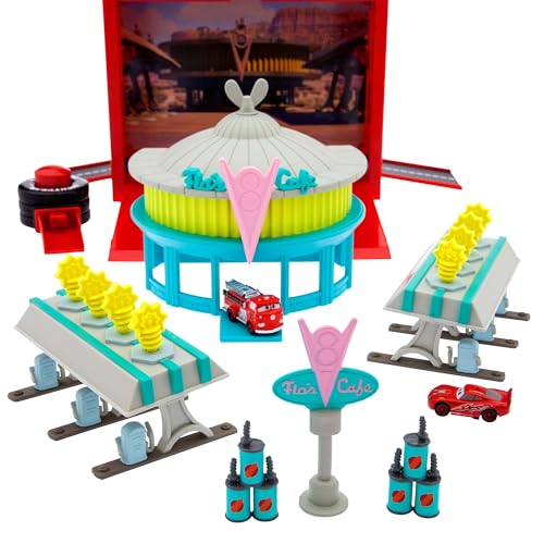 Disney Store Official - Pixar - Cars - Spielset zum Mitnehmen - 13 Teile - Flos V8 Café - Mit 2 Autos (Lightning McQueen und Red), Werkzeugkasten-Tragekoffer, Aufklebern und mehr - Ab 3 Jahren von Disney Store