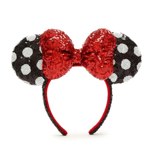 Disney Store Minnie Maus Pailletten-Ohren-Stirnband für Erwachsene in Rot, Schwarz und Weiß, Unisex-Zubehör mit Punkte-Schleife von Disney Store