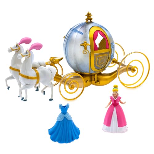 Disney Store Official - Spielset mit Cinderella Kutsche und Pferd - 9,5 cm/3,7" - Märchenset für Kinder - Mit 2 Kleidern zum Anclipsen, 2 weißen Pferden, Kürbiskutsche und 2 Beleuchtungseinstellungen von Disney Store