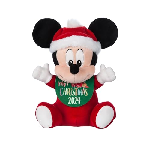 Disney Store Offizielles Micky Maus 'My First Christmas' Kuscheltier, 32cm, Festliches Baby-Micky in rotem Strampler mit Lätzchen und Weihnachtsmütze von Disney Store